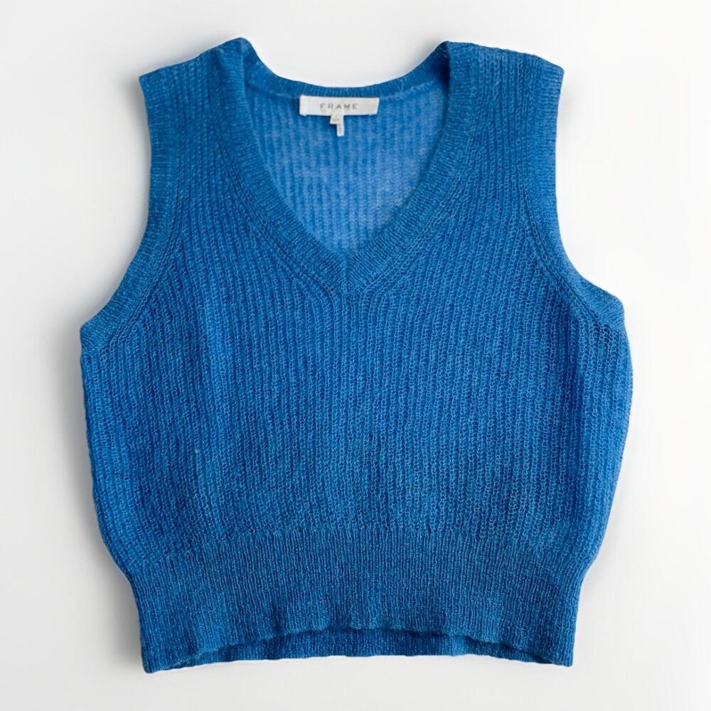 FRAME Sweater Top Small Shrunken Mohair Vest Blue Cropped Knit V-Neck Orig $255